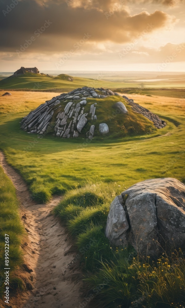 Fototapeta premium Serene Sunset Over a Rock Formation in a Lush Green Field.
