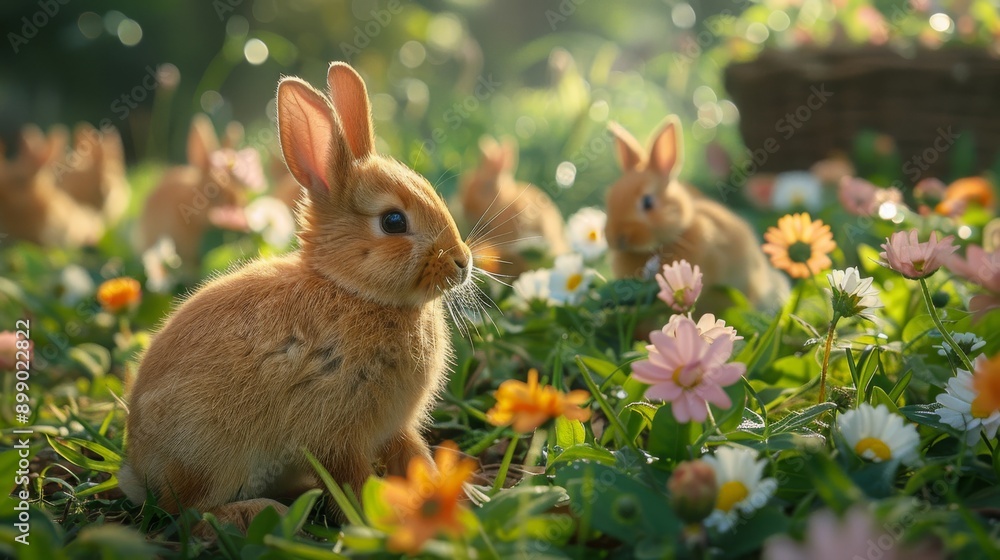 Fototapeta premium Small fluffy bunny rabbit is sitting in the grass, surrounded by colorful flowers