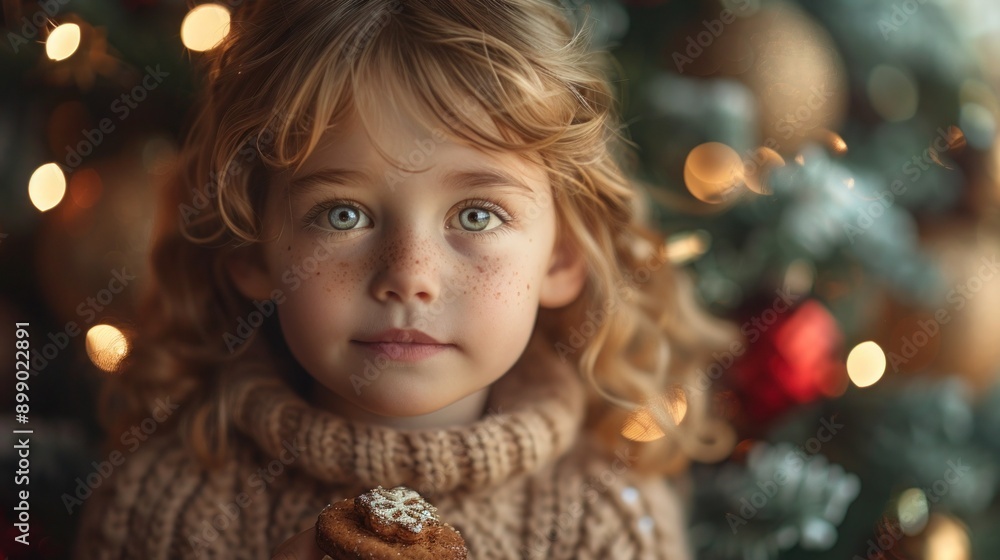 Excited Child Enjoying a Festive Treat in Front of a Decorated Christmas Tree Excited Child Enjoying a Festive Treat in Front of a Decorated Christmas Tree