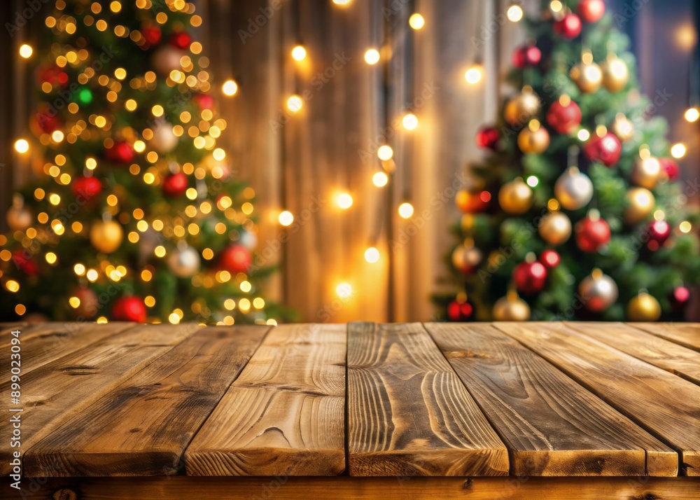 Empty wooden table with christmas theme in background Empty wooden table with christmas theme in background