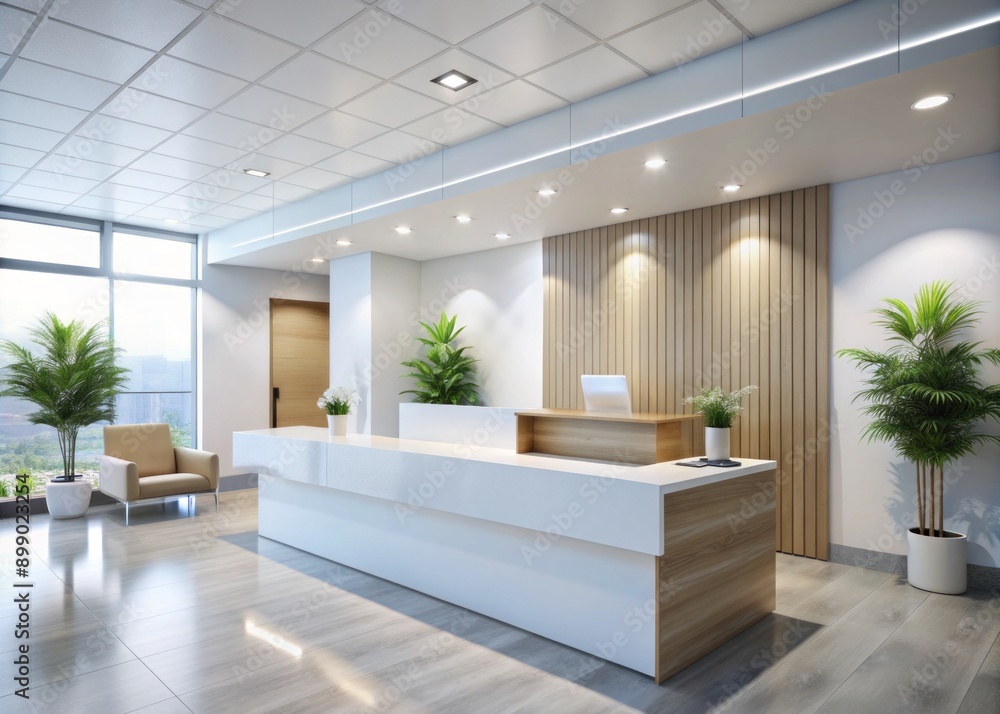 Modern minimalist hospital reception counter area features sleek white design, clean lines, and a spacious layout, evoking a sense of calm and efficiency. Modern minimalist hospital reception counter area features sleek white design, clean lines, and a spacious layout, evoking a sense of calm and efficiency.