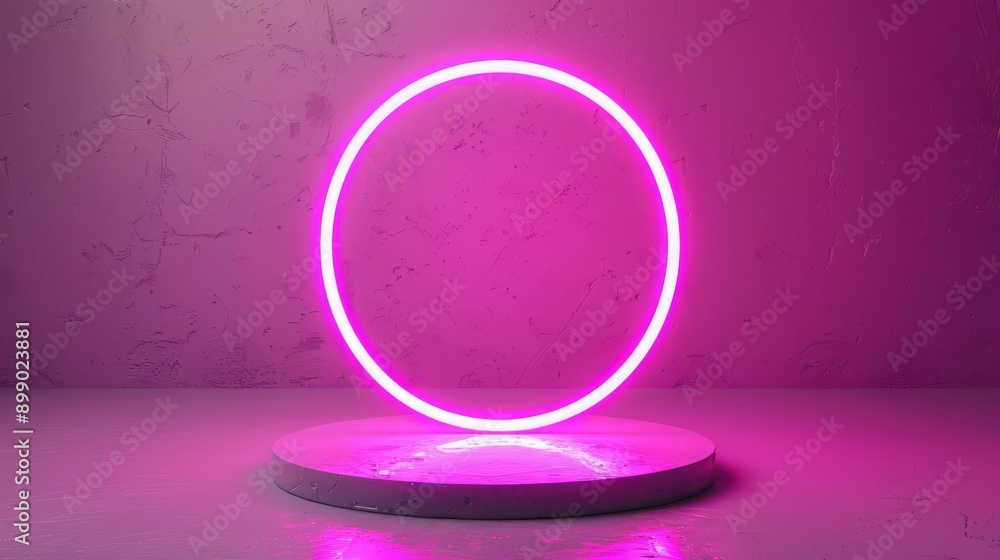 Obraz premium A vibrant pink neon light circle glowing against a textured background, creating a modern and artistic ambiance.