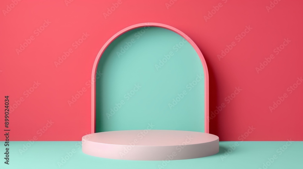 This image showcases a modern display podium set against a vibrant pink and mint green backdrop, perfect for product presentations. This image showcases a modern display podium set against a vibrant pink and mint green backdrop, perfect for product presentations.