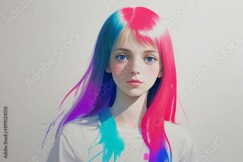A vibrant illustration of a young, blue-eyed girl with colorful hair, capturing whimsical and imaginative artistry. © cappellettipictures