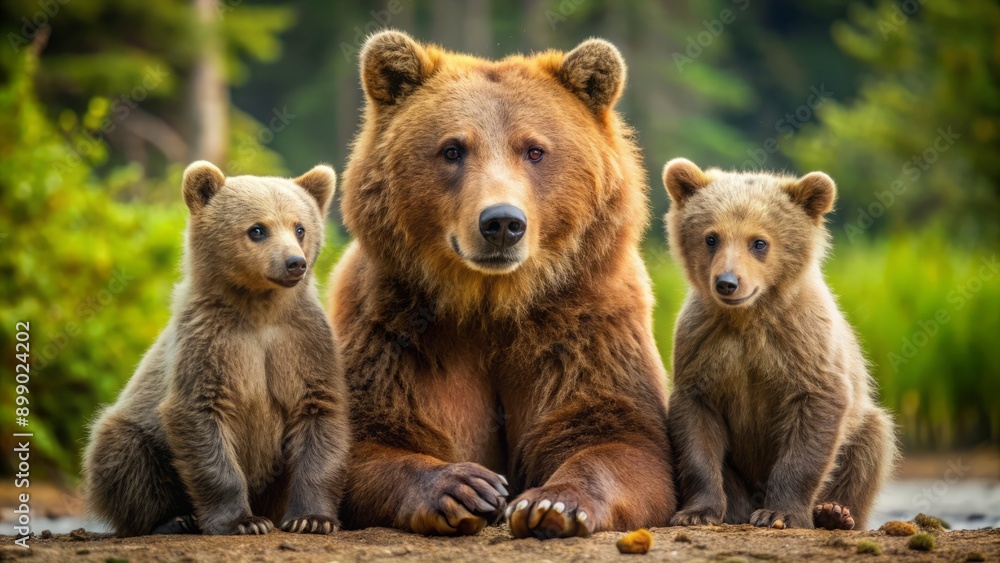 Obraz premium Adorable brown bear family with cute baby, various poses: standing, sitting, screaming, and lying, showcasing tender moments in their natural wilderness habitat.