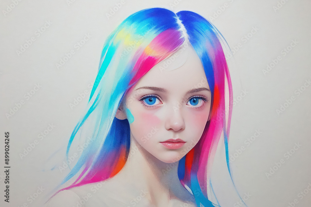 A vibrant illustration of a young, blue-eyed girl with colorful hair, capturing whimsical and imaginative artistry. A vibrant illustration of a young, blue-eyed girl with colorful hair, capturing whimsical and imaginative artistry.