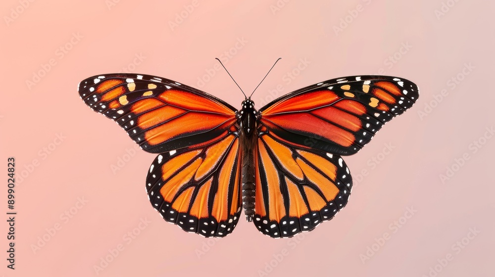 Fototapeta premium Monarch butterfly with open wings, sharp details, vivid colors, isolated on a gradient background, highly realistic, close-up