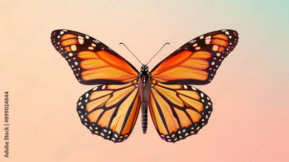 Fototapeta premium Monarch butterfly with open wings, sharp details, vivid colors, isolated on a gradient background, highly realistic, close-up