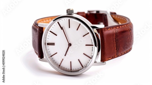 Modern wristwatch featuring a brown leather strap, isolated white background, clean space for text, detailed focus on craftsmanship and luxury