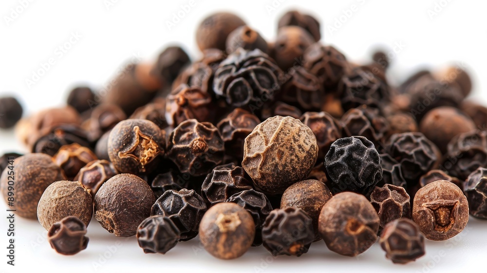 Neat pile of black peppercorns on a white background, adding flavor to dishes. Close up shows texture and detail. Pungent aroma for gourmet cuisine Neat pile of black peppercorns on a white background, adding flavor to dishes. Close up shows texture and detail. Pungent aroma for gourmet cuisine