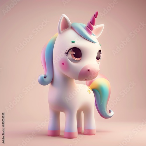 Adorable 3D rendered unicorn with pastel colors and big eyes, perfect for children's theme or fantasy illustrations.