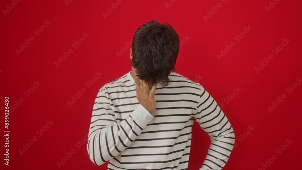 Yawning young hispanic man wearing stripes t-shirt standing tired, covering eye and mouth with hand, over isolated red background, late morning fatigue display Yawning young hispanic man wearing stripes t-shirt standing tired, covering eye and mouth with hand, over isolated red background, late morning fatigue display