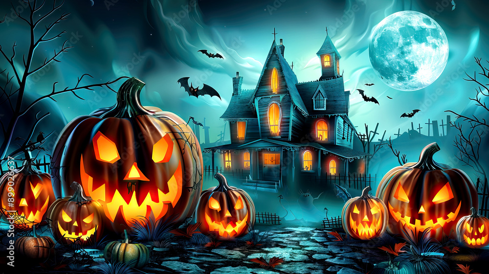 Creepy spooky haunted house at the end of a path lined with jack o lanterns under a full moon dark sky, autumn horror supernatural glowing sinister landscape Creepy spooky haunted house at the end of a path lined with jack o lanterns under a full moon dark sky, autumn horror supernatural glowing sinister landscape