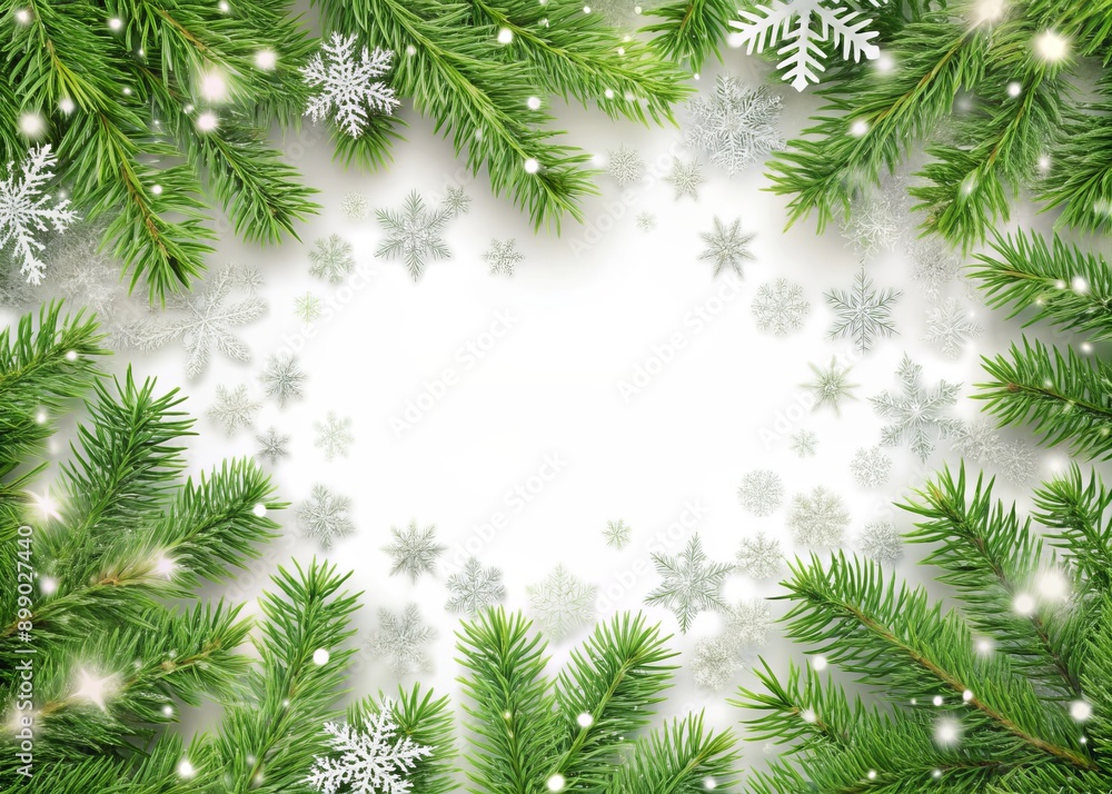 border of isolated green Christmas tree branches at the edge on transparent background with sparkling white snowflakes on white background with copy space PNG border of isolated green Christmas tree branches at the edge on transparent background with sparkling white snowflakes on white background with copy space PNG