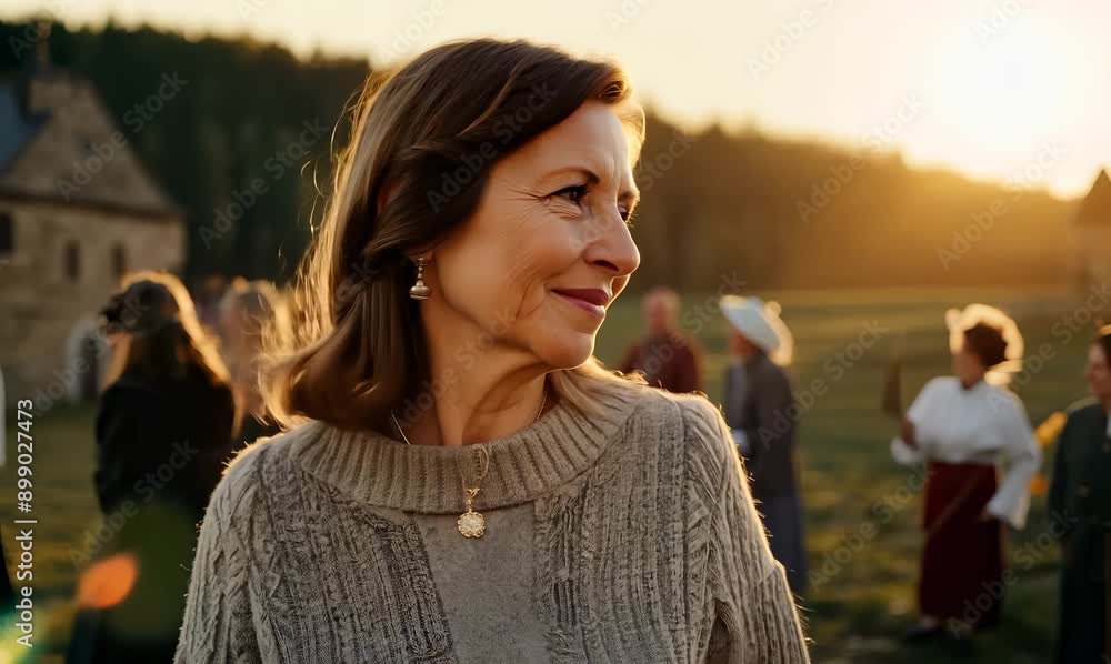 Medium shot portrait video of a satisfied woman in her 40s that is wearing a chic cardigan against a historic reenactment with costumed actors background Medium shot portrait video of a satisfied woman in her 40s that is wearing a chic cardigan against a historic reenactment with costumed actors background