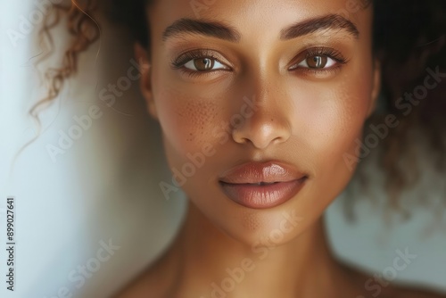 closeup beauty portrait of a radiant woman with flawless skin soft diffused lighting dewey complexion and natural makeup emphasize a fresh healthy glow