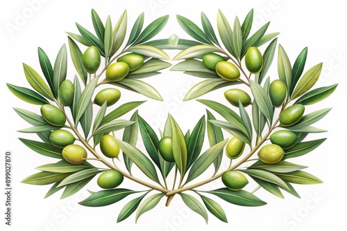 A stylized illustration of intertwined olive branches with green leaves and olives, set against a clean white background, symbolizing peace and harmony. photo