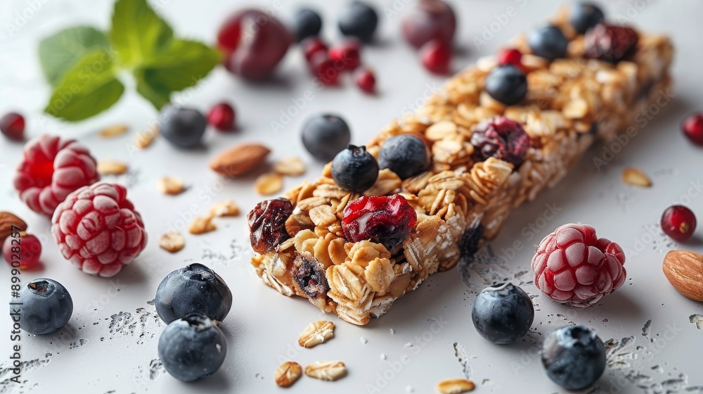 Cereal bar surrounded by fresh and frozen berries lying on a white table is the perfect snack for a healthy lifestyle Cereal bar surrounded by fresh and frozen berries lying on a white table is the perfect snack for a healthy lifestyle