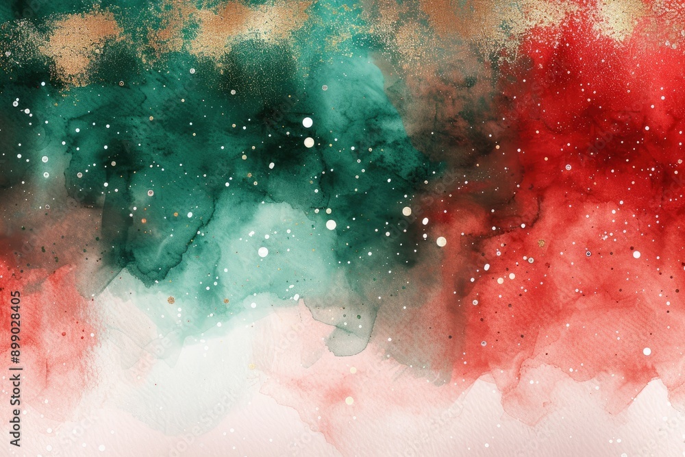 Fototapeta premium Abstract Christmas background with red and green watercolor splashes and glitter