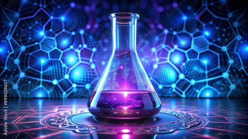 Vibrant purple liquid swirls in a flask amidst a dark backdrop, surrounded by eerie blue glow and abstract digital patterns, evoking a sense of futuristic laboratory experimentation. Vibrant purple liquid swirls in a flask amidst a dark backdrop, surrounded by eerie blue glow and abstract digital patterns, evoking a sense of futuristic laboratory experimentation.