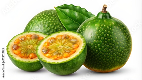 Fresh green karalla fruit with vibrant orange-yellow pulp and glossy dark green skin, isolated on transparent background, perfect for healthy food and culinary designs. photo