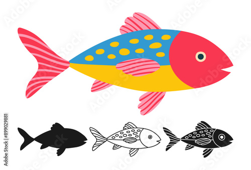 Ocean fish linear icon, abstract cartoon symbol set. Exotic colorful childish sea fish with hand drawn doodle pattern. Sign aquarium fishes silhouette shape or doodle art. Vector graphic illustration