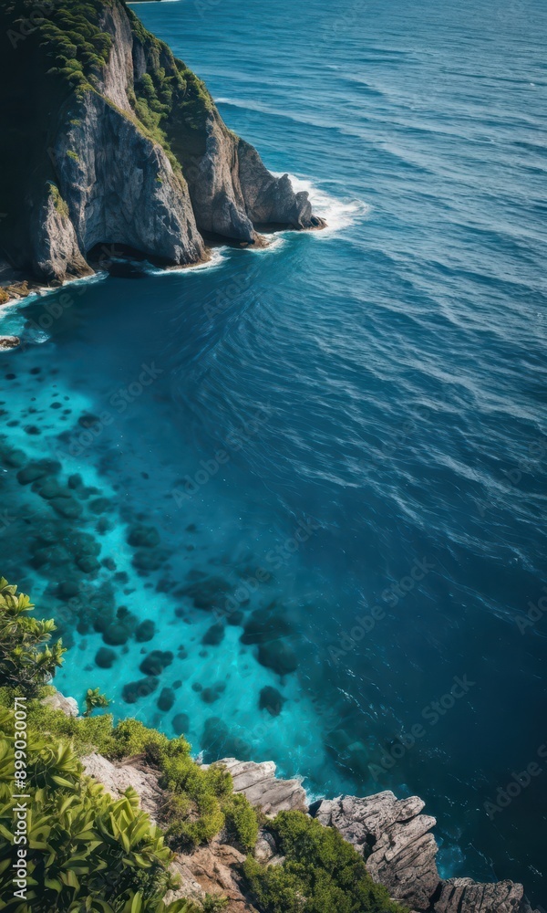 Aerial View of a Rocky Cliff Overlooking Turquoise Ocean Water. Aerial View of a Rocky Cliff Overlooking Turquoise Ocean Water.