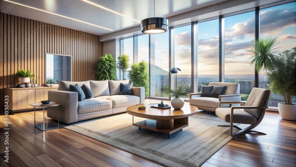 Immersed in virtual world, a futuristic living space with sleek furniture surrounds an empty VR headset standing on a coffee table, awaiting its user. Immersed in virtual world, a futuristic living space with sleek furniture surrounds an empty VR headset standing on a coffee table, awaiting its user.