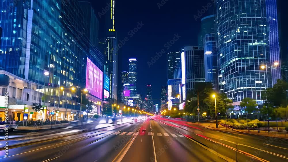 Illuminated skyscrapers tower over bustling nighttime streets. Streaks of light from vehicles paint vibrant trails along the road, creating a dynamic urban tapestry of movement and energy.	