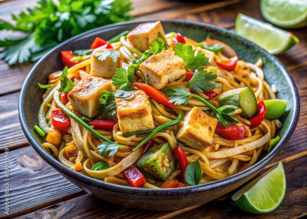 Vibrant vegetarian pad thai dish loaded with stir-fried vegetables, crispy tofu, and melted paneer cheese, garnished with fresh cilantro and lime wedges. Vibrant vegetarian pad thai dish loaded with stir-fried vegetables, crispy tofu, and melted paneer cheese, garnished with fresh cilantro and lime wedges.
