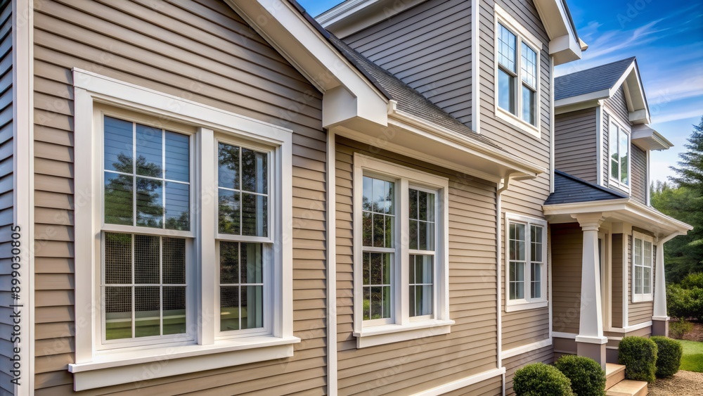 Close-up view of vinyl siding on a house exterior, with crisp white window frames and subtle texture, showcasing modern home exterior design elements. Close-up view of vinyl siding on a house exterior, with crisp white window frames and subtle texture, showcasing modern home exterior design elements.