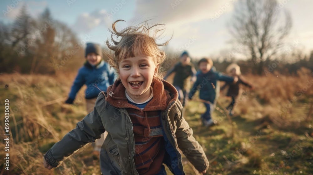 Group of joyful children enjoying a windy day running through a meadow with their hair dancing in the breeze Group of joyful children enjoying a windy day running through a meadow with their hair dancing in the breeze