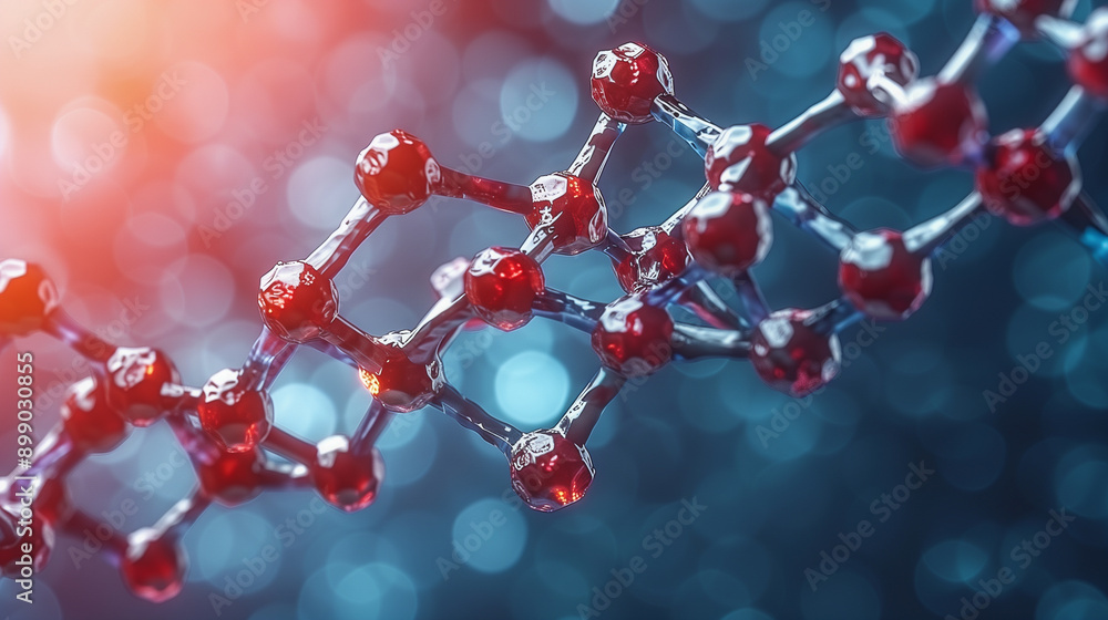Red Molecular Structure with Blue Bokeh Background.. Red Molecular Structure with Blue Bokeh Background..