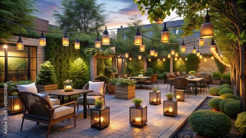 Warmly lit patio with lanterns, comfortable outdoor seating, and lush greenery, exuding a sense of community and togetherness, perfect for social gatherings and connection-building. photo