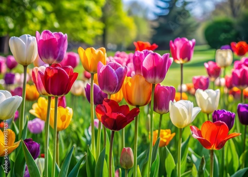 Vibrant tulips in full bloom, delicately swaying in the gentle spring breeze, adorn a lush green lawn, creating a stunning seasonal yard decoration.
