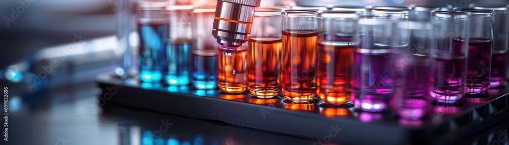Closeup of a microscope and test tubes with vibrant liquids, Scientific, Bright colors, Macro photography Closeup of a microscope and test tubes with vibrant liquids, Scientific, Bright colors, Macro photography