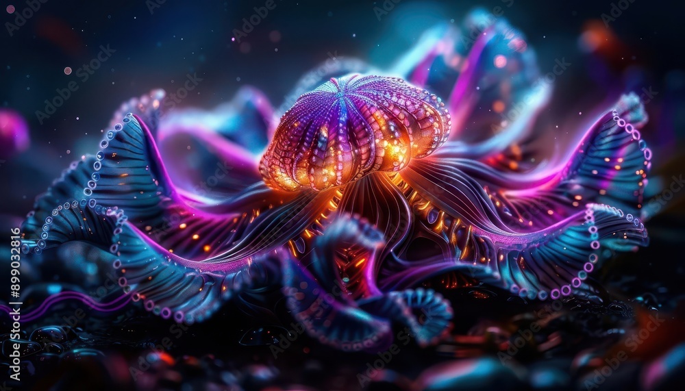 Deep sea creatures glowing in the abyssal darkness, Scifi, Neon hues, Digital painting Deep sea creatures glowing in the abyssal darkness, Scifi, Neon hues, Digital painting