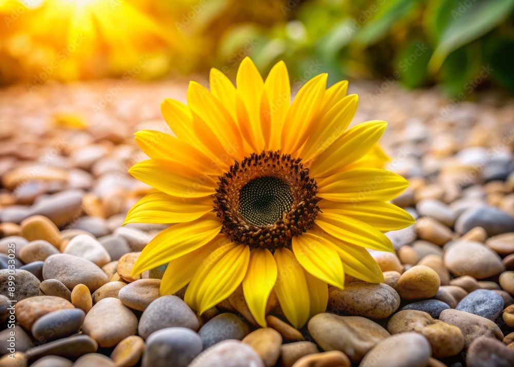 Soft yellow petals of sunflowers bent towards the ground, surrounded by warm beige pebbles and lush greenery, evoking a sense of calming tranquility outdoors. Soft yellow petals of sunflowers bent towards the ground, surrounded by warm beige pebbles and lush greenery, evoking a sense of calming tranquility outdoors.