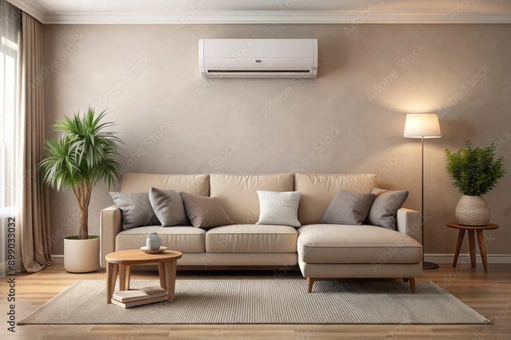 Fototapeta premium Cozy living room atmosphere with a modern air conditioning unit mounted on a neutral-colored wall, surrounded by comfortable furniture and soft cushions.