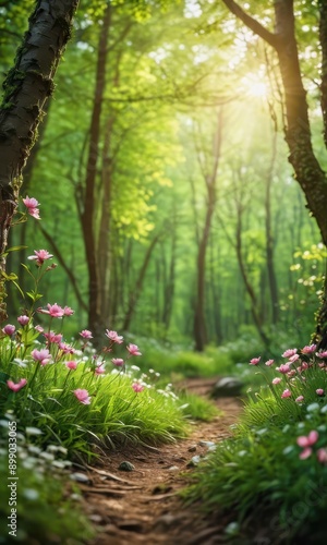 Wallpaper Mural Sunlit Path Through Lush Forest with Pink Flowers. Torontodigital.ca