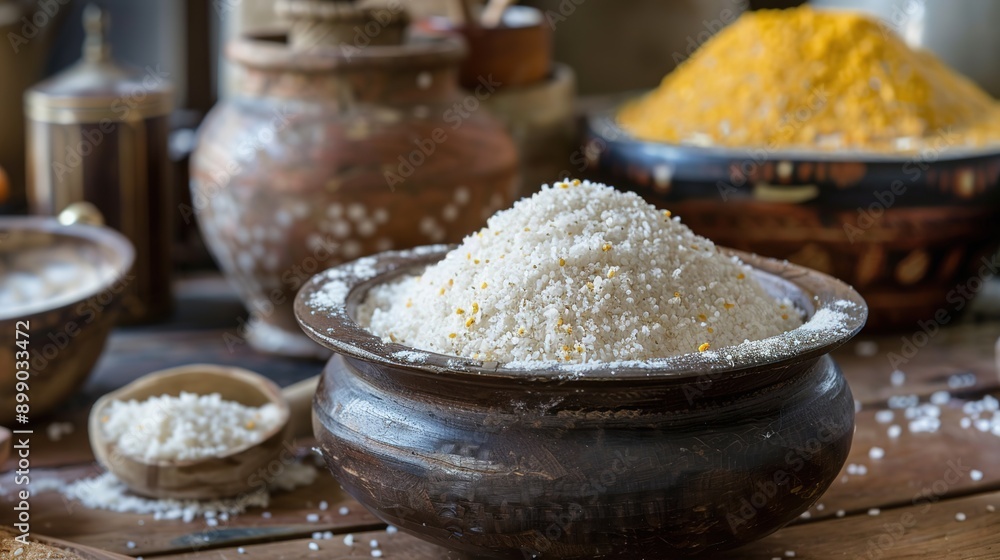 Puttu Podi on the Table with Kitchen Background Puttu Podi on the Table with Kitchen Background