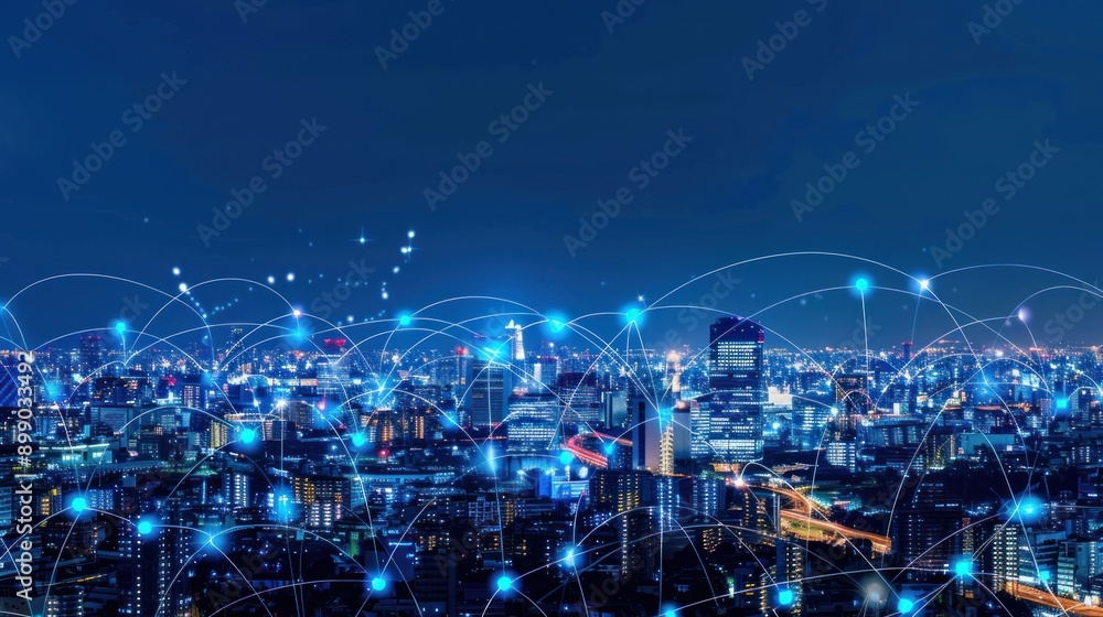 Cityscape at Night with Network Connections Cityscape at Night with Network Connections