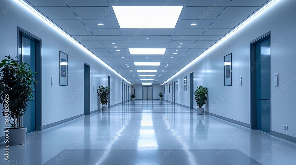 Long empty corridor is reflecting light from the ceiling lights in a modern building Long empty corridor is reflecting light from the ceiling lights in a modern building