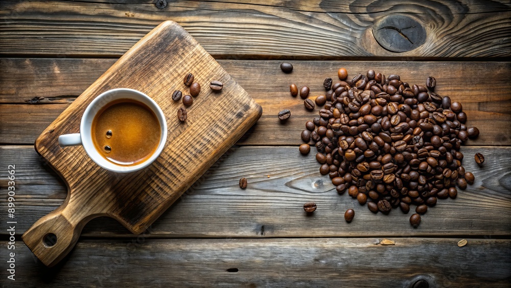 Rustic wooden cutting board with a steaming cup of coffee and a few coffee beans scattered around, set against a weathered wooden table top. Rustic wooden cutting board with a steaming cup of coffee and a few coffee beans scattered around, set against a weathered wooden table top.