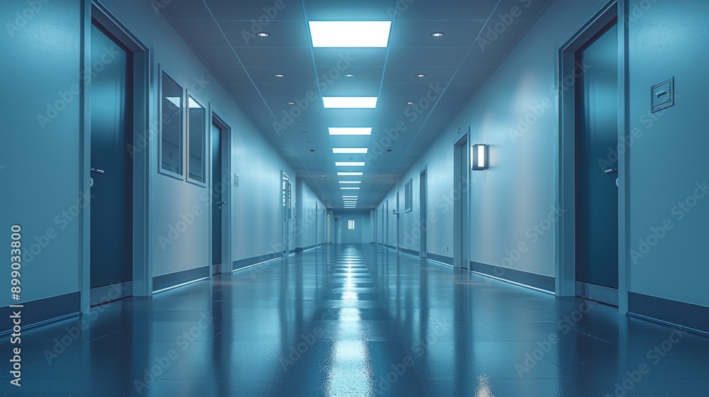 Walking through an empty hospital corridor at night. Bathed in serene blue light reflecting off shiny floors and walls Walking through an empty hospital corridor at night. Bathed in serene blue light reflecting off shiny floors and walls