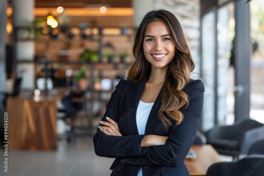 confident and successful hispanic businesswoman in a power suit standing with crossed arms and a warm smile in a modern corporate office confident and successful hispanic businesswoman in a power suit standing with crossed arms and a warm smile in a modern corporate office