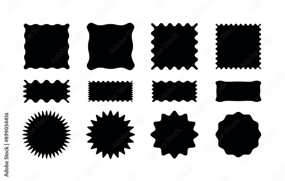 Collection of square and circular shapes with zigzag border. Set of irregular patches. Black graphic design elements for decoration, banner, collage, Vector, poster, template, sticker, badge,