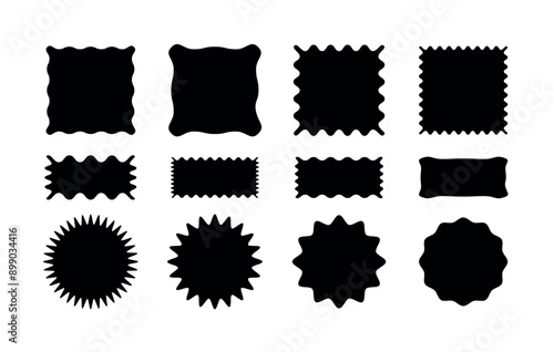 Collection of square and circular shapes with zigzag border. Set of irregular patches. Black graphic design elements for decoration, banner, collage, Vector, poster, template, sticker, badge,