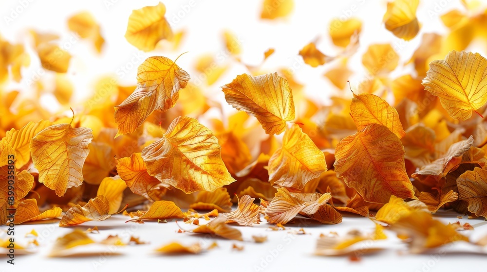 Golden brown autumn leaves falling and swirling on a white background, creating a beautiful and evocative autumnal scene Golden brown autumn leaves falling and swirling on a white background, creating a beautiful and evocative autumnal scene