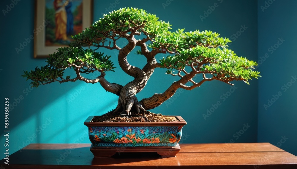 Obraz premium Bonsai Tree in Decorative Pot on Wooden Table Against Teal Wall.
